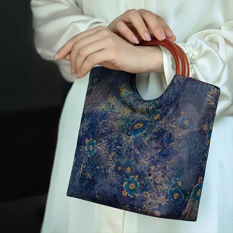 Bolso de mano con mango de madera maciza, Buddha Stones , flor de peonía, hojas de bambú, pájaro