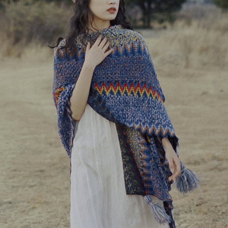 Mantón tibetano de Buddha Stones, capa de punto suave y cálida, bufanda tibetana con borlas de invierno