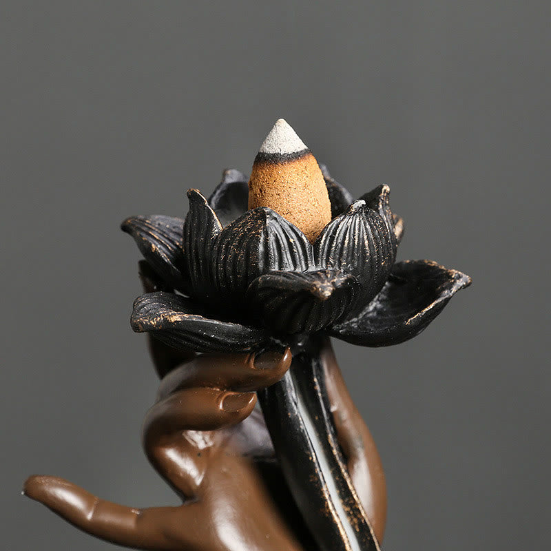 Quemador de incienso de reflujo de resina para meditación, diseño de nubes propicias, mano de Buda de loto, Buddha Stones