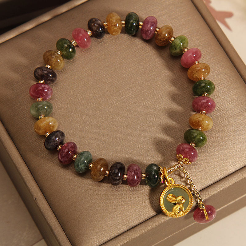 Pulsera positiva con dije de conejo lindo de turmalina colorida natural con Buddha Stones