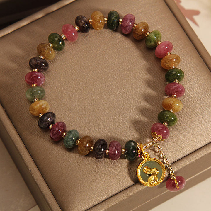 Pulsera positiva con dije de conejo lindo de turmalina colorida natural con Buddha Stones