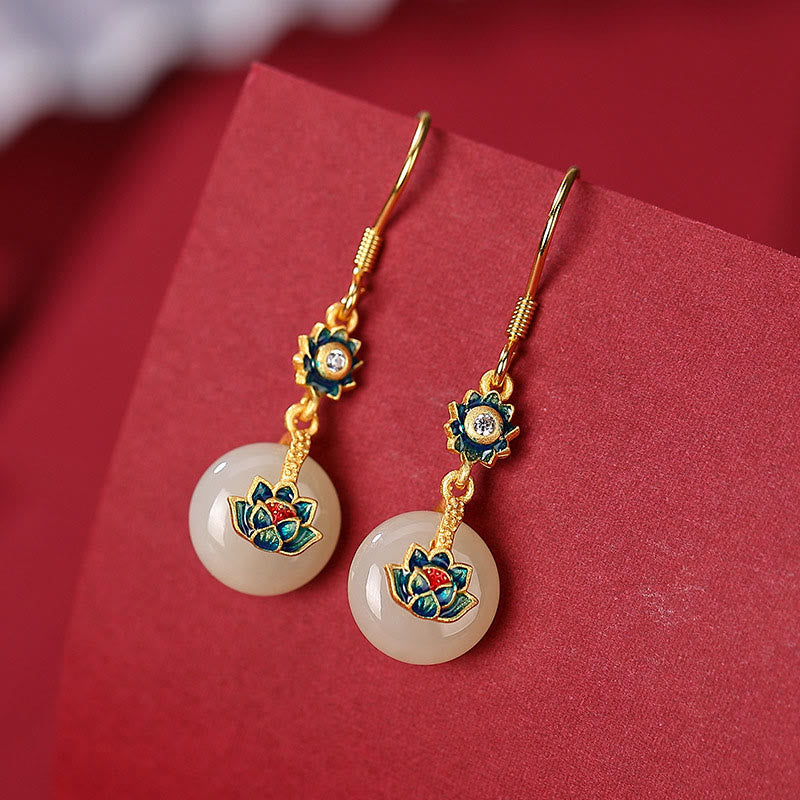 Juego de pendientes de anillo de la suerte de loto de jade hetiano chapado en plata de ley 925 con Buddha Stones