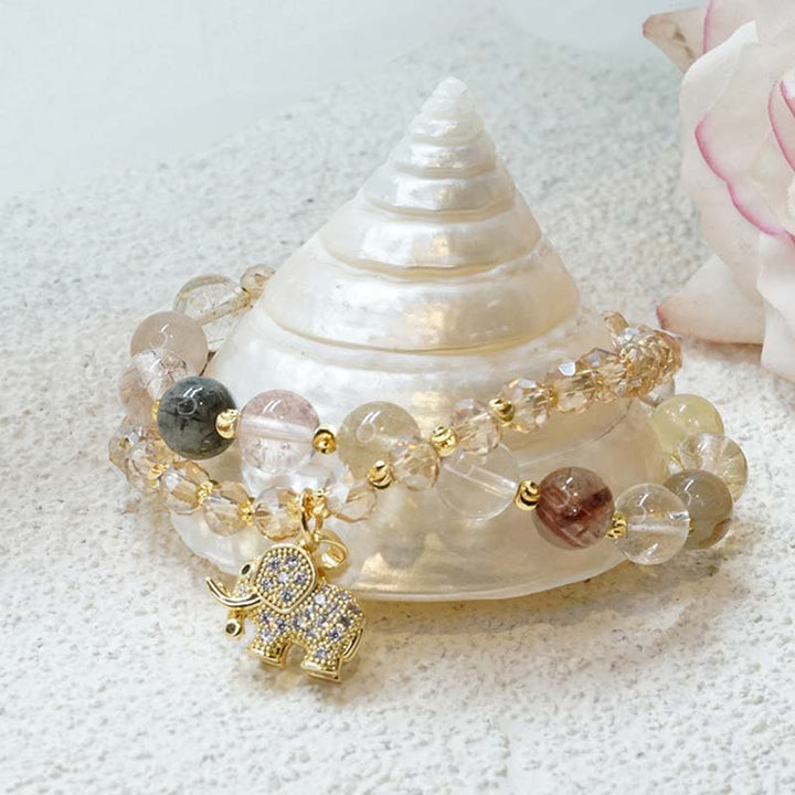 Pulsera con dijes de energía curativa de elefante de cuarzo rosa con Buddha Stones