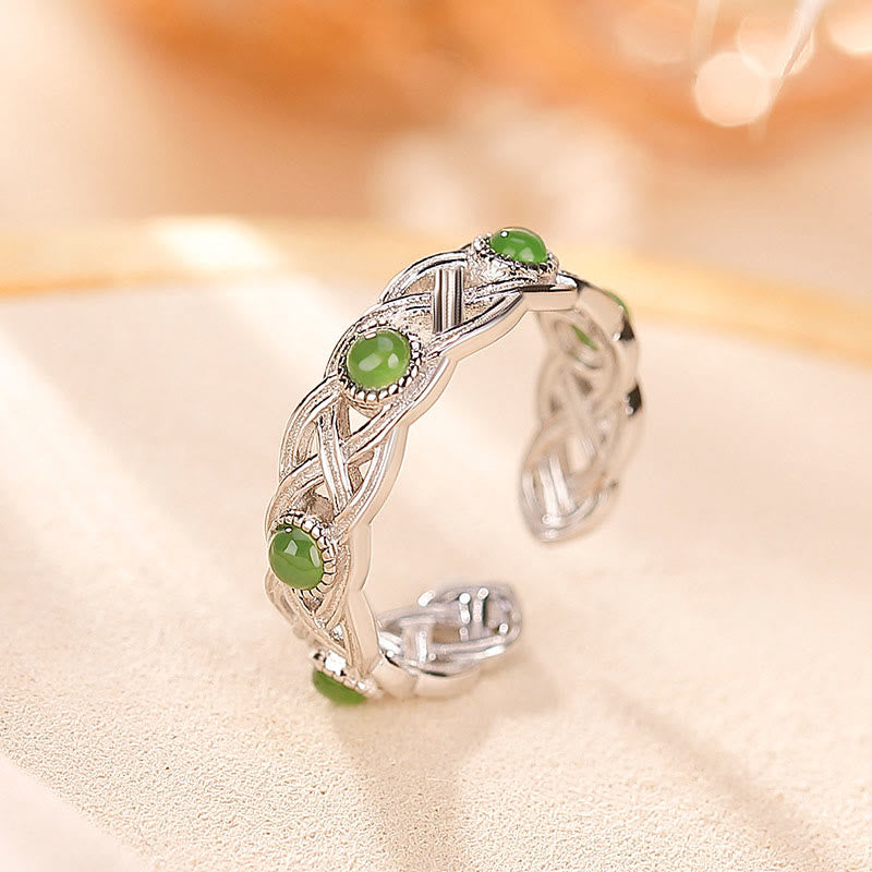 Anillo ajustable con diseño trenzado de jade cian y oro chapado en plata de ley 925 con Buddha Stones