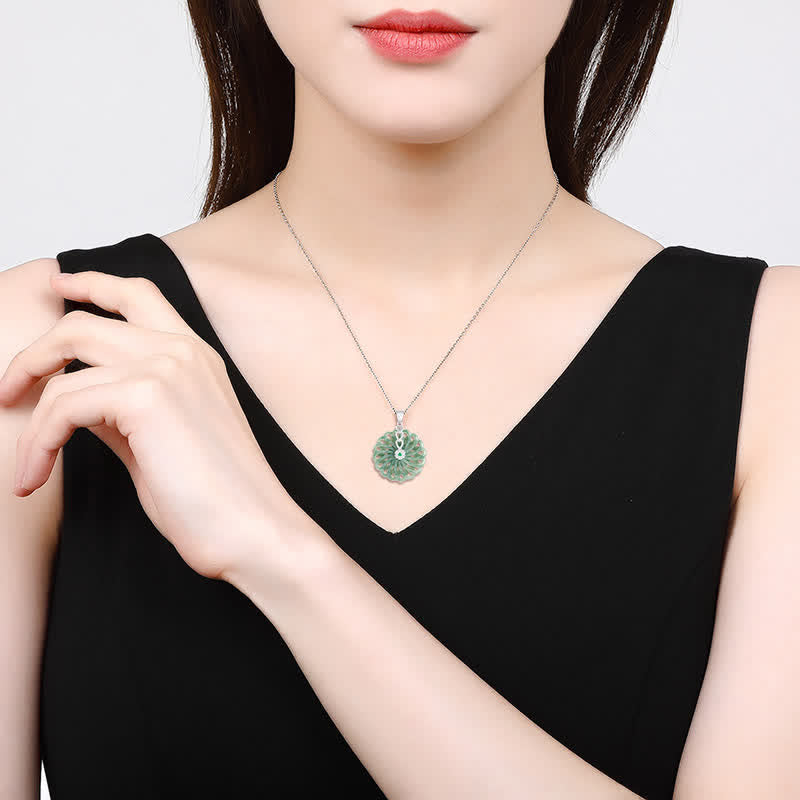 Collar con colgante de plata de ley 925 con Buddha Stones, jade redondo natural, hebilla de la paz, abundancia