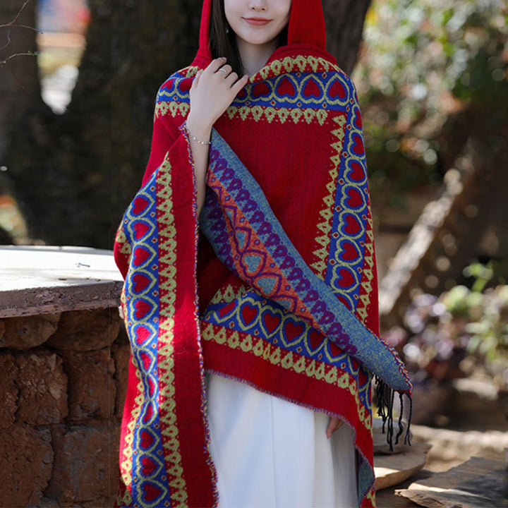 Mantón tibetano de Buddha Stones , capa con capucha y borla de corazón de amor rojo, bufanda de viaje acogedora para invierno
