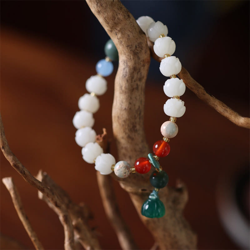 Pulsera de armonía de paz tallada con cuentas de loto y semillas de Bodhi de Buddha Stones