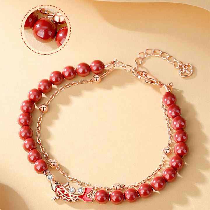 Pulsera de cadena de doble capa con Buddha Stones, Plata de Ley 925, pez Koi de la suerte, circón cinabrio, prosperidad