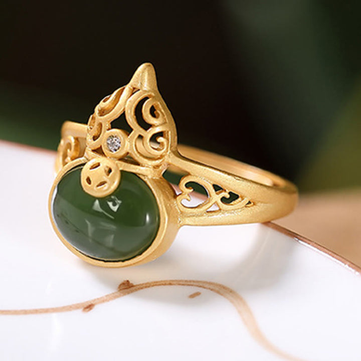 Anillo ajustable de la suerte del éxito de la moneda de cobre del jade cian de la calabaza de las Buddha Stones