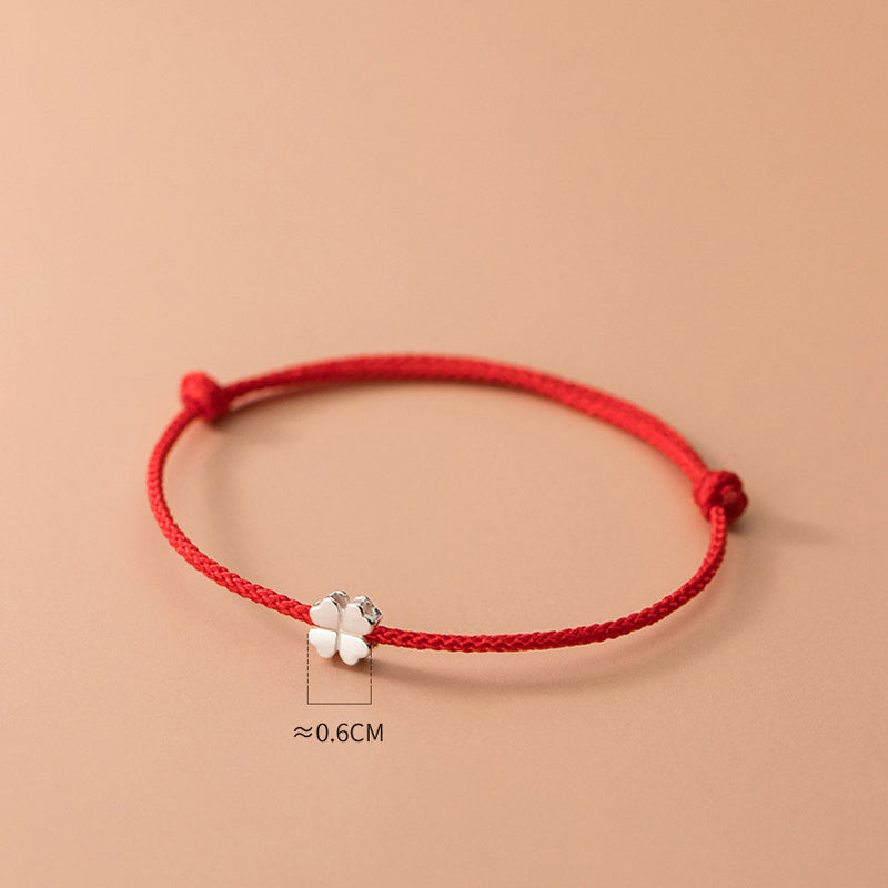 Pulsera de cuerda roja con trébol de cuatro hojas de plata de ley 925 con Buddha Stones