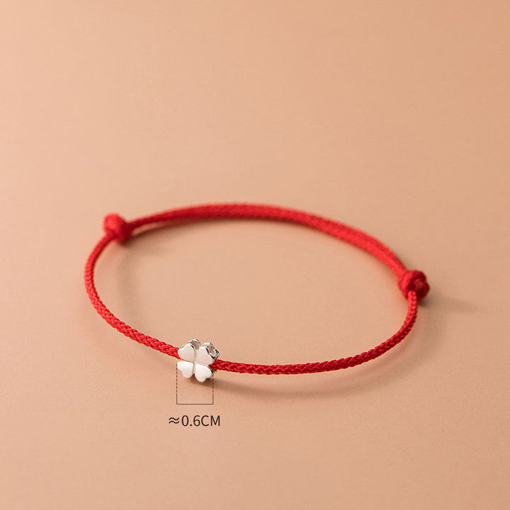 Pulsera de cuerda roja con trébol de cuatro hojas de plata de ley 925 con Buddha Stones