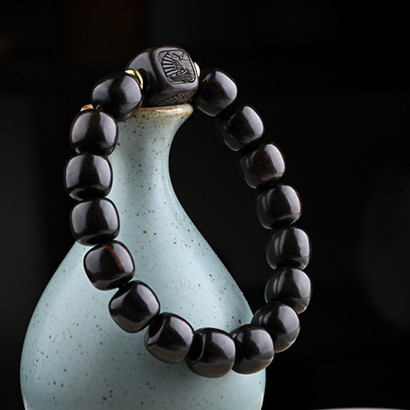 Pulsera de equilibrio de la suerte y el tesoro, cuentas de barril de madera de ébano tibetano, Buddha Stones