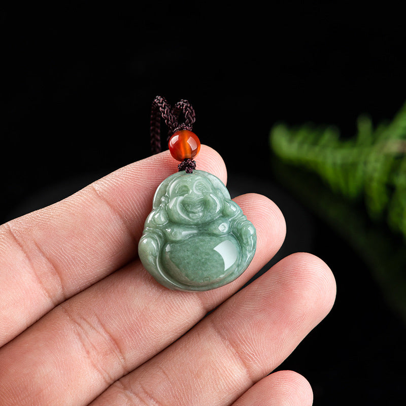 Buddha Stones Buda sonriente Jade cian Collar de éxito Colgante de cadena - image 7
