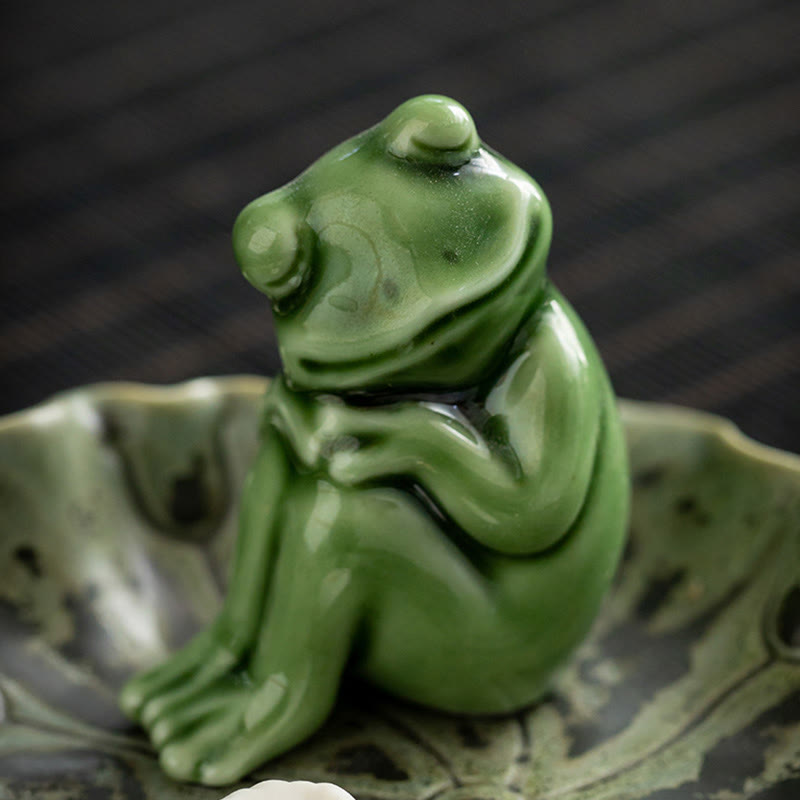 Quemador de incienso de cerámica curativo con patrón de rana para meditación de hojas de Buddha Stones, decoración
