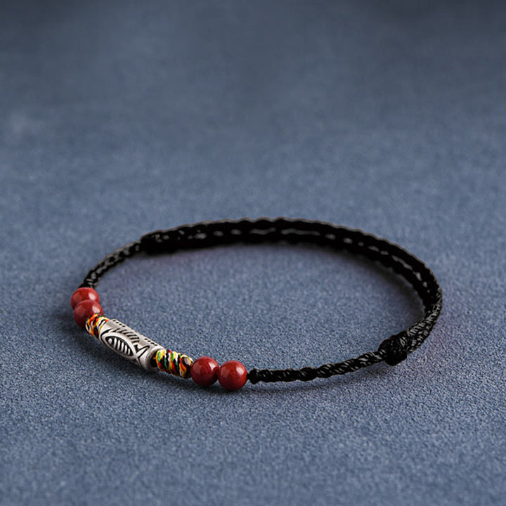 Pulsera tobillera trenzada hecha a mano con cuentas de cinabrio y pez Koi de plata de ley 925 con Buddha Stones