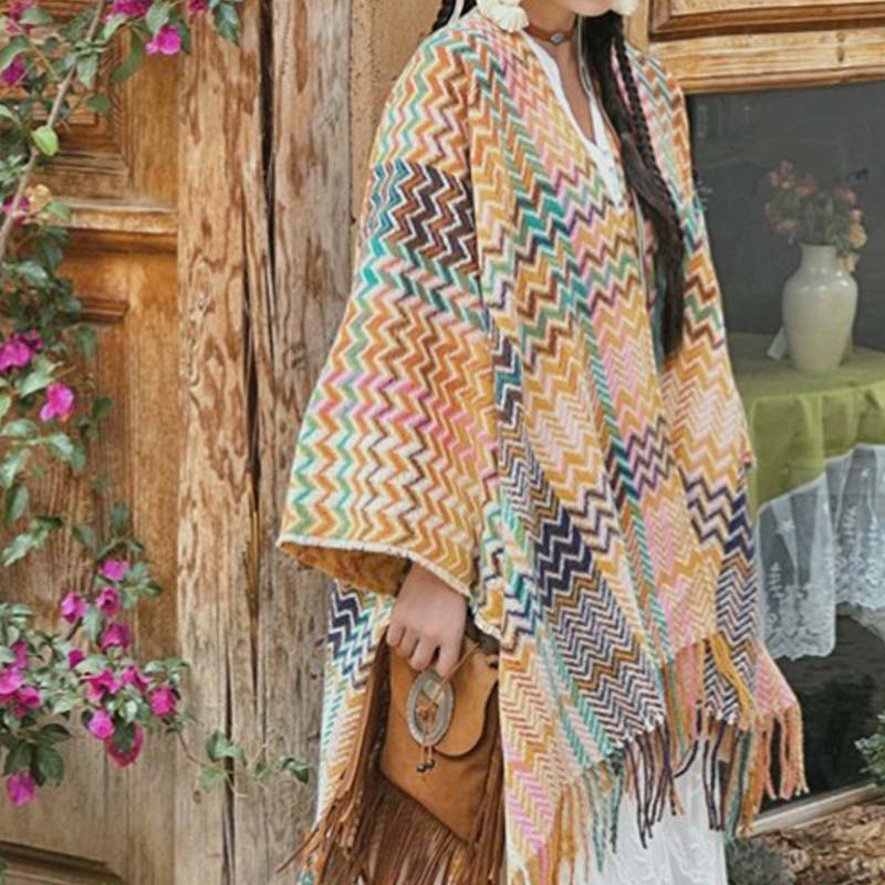 Chal tibetano con Buddha Stones , coloridas formas onduladas a rayas, borlas, bufanda de viaje acogedora para invierno