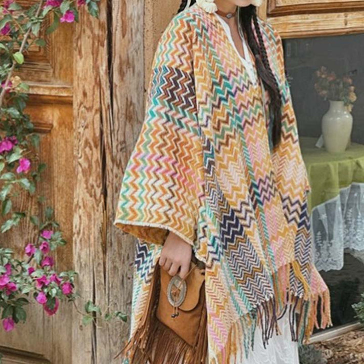 Chal tibetano con Buddha Stones , coloridas formas onduladas a rayas, borlas, bufanda de viaje acogedora para invierno