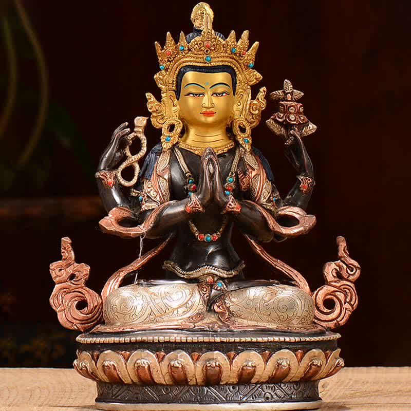 Decoración de estatua de cobre de protección Avalokitesvara de cuatro brazos Bodhisattva Chenrezig