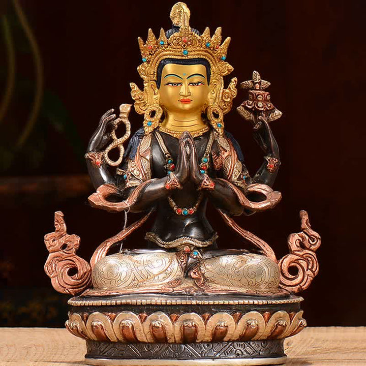 Decoración de estatua de cobre de protección Avalokitesvara de cuatro brazos Bodhisattva Chenrezig