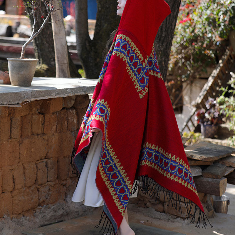 Mantón tibetano de Buddha Stones , capa con capucha y borla de corazón de amor rojo, bufanda de viaje acogedora para invierno