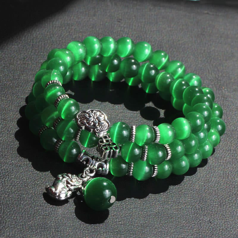 Pulsera de triple vuelta con soporte PiXiu de ojo de gato y Buddha Stones