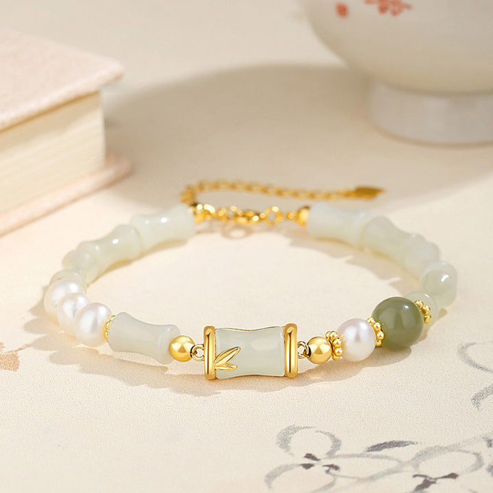 Pulsera de bendición de la suerte de bambú de jade blanco hetiano natural de plata de ley 925 con Buddha Stones