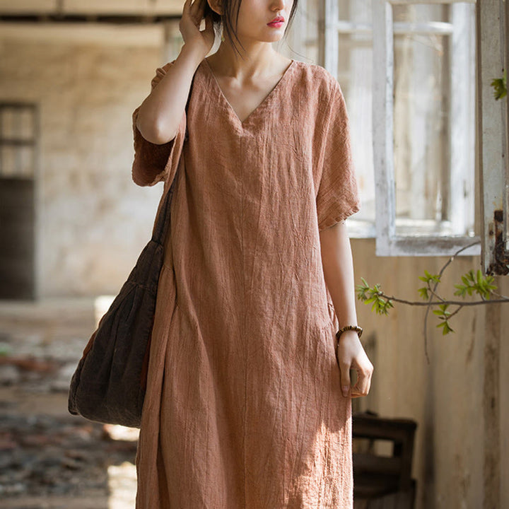 Vestido midi con cuello en V y teñido anudado hecho a mano con Buddha Stones Vestido de manga corta de lino