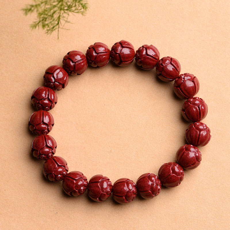Pulsera de bendición de loto con patrón de traste Om Mani Padme Hum de cinabrio Natural con Buddha Stones