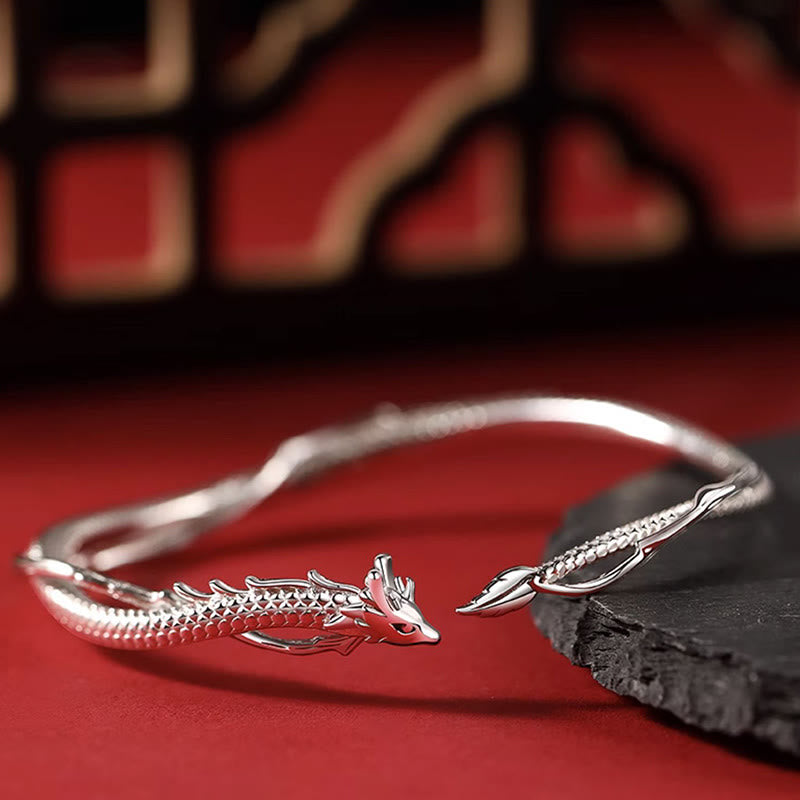 Brazalete de plata de ley 925 con Buddha Stones, diseño del año del dragón, pulsera de metal de la suerte