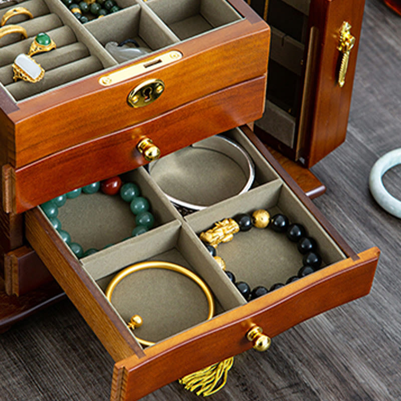 Caja de almacenamiento de joyería de madera de gran capacidad Vintage con Buddha Stones con espejo