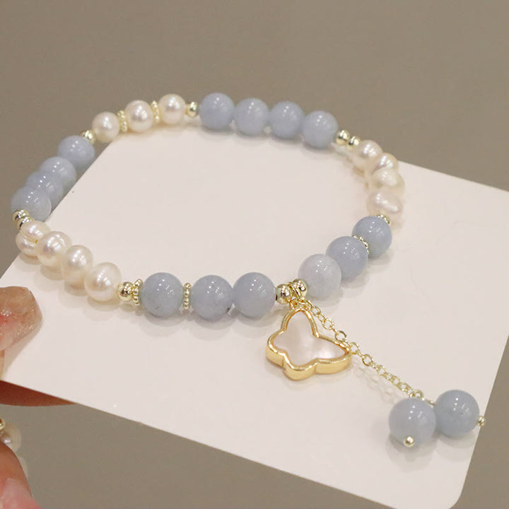 Pulsera con dije de mariposa y hoja de Ginkgo curativa con perlas de aguamarina naturales y Buddha Stones