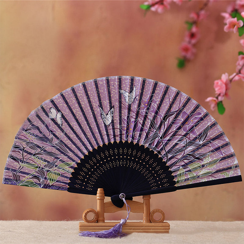 Abanico plegable de bambú con Buddha Stones, flor de cerezo, lirio, mariposa, bambú, 21cm