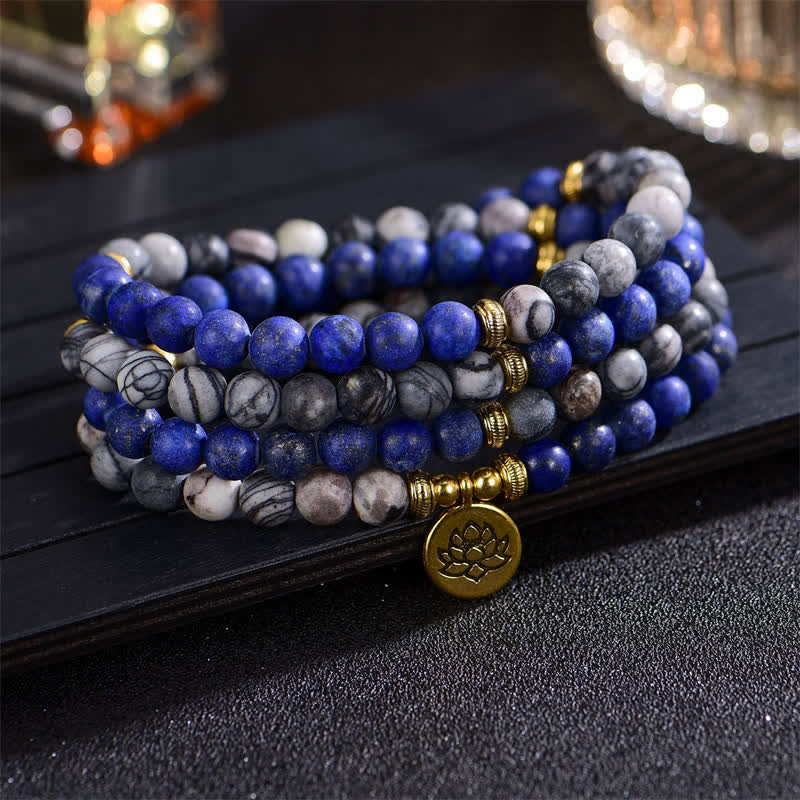 Pulsera de cuentas de oración con Buddha Stones , lazurita, lapislázuli, jaspe Picasso, amazonita, rodonita, apatita y loto positivo. - Lazurita y jaspe Picasso - image 0