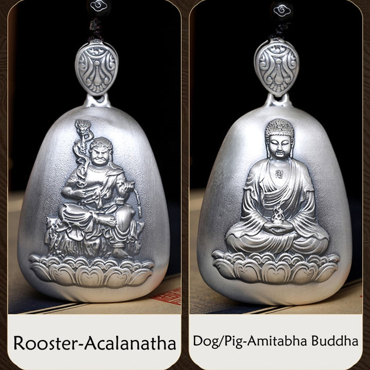 Collar con colgante de plata de ley 999 con Buddha Stones del zodíaco chino, corazón de Buda natal, Sutra grabado