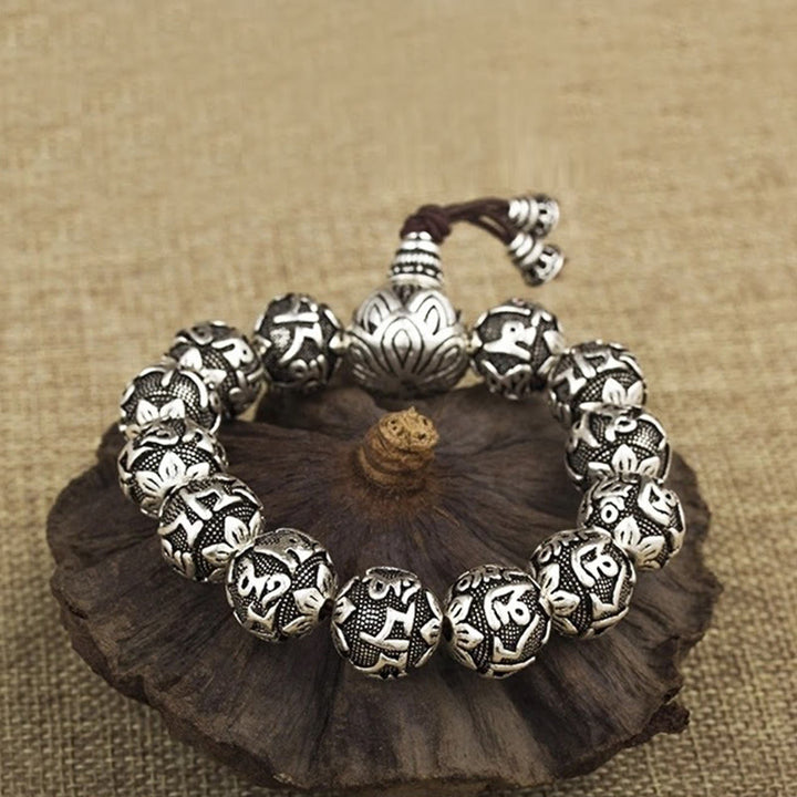 Pulsera de amuleto de cuentas de aleación talladas Om Mani Padme Hum tibetano con Buddha Stones