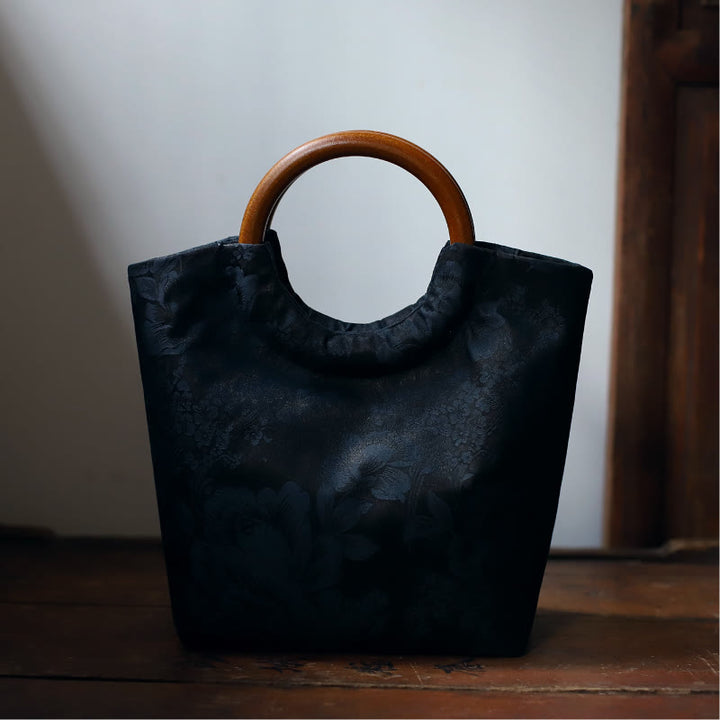 Bolso de mano con mango de madera maciza, Buddha Stones , flor de peonía, hojas de bambú, pájaro
