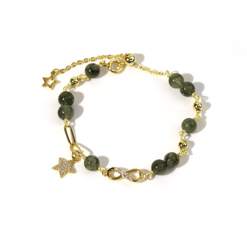 Pulsera de protección de estrella de amor eterno con lazo de Möbius de cuarzo rutilado verde de oro de 14 quilates con Buddha Stones