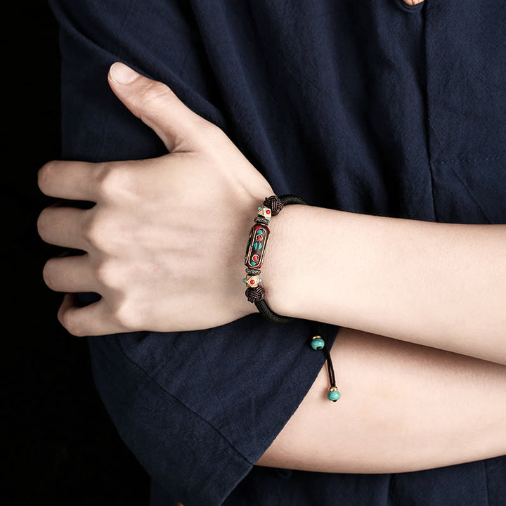 Pulsera trenzada de fuerza Om Mani Padme Hum de turquesa tibetana hecha a mano con Buddha Stones