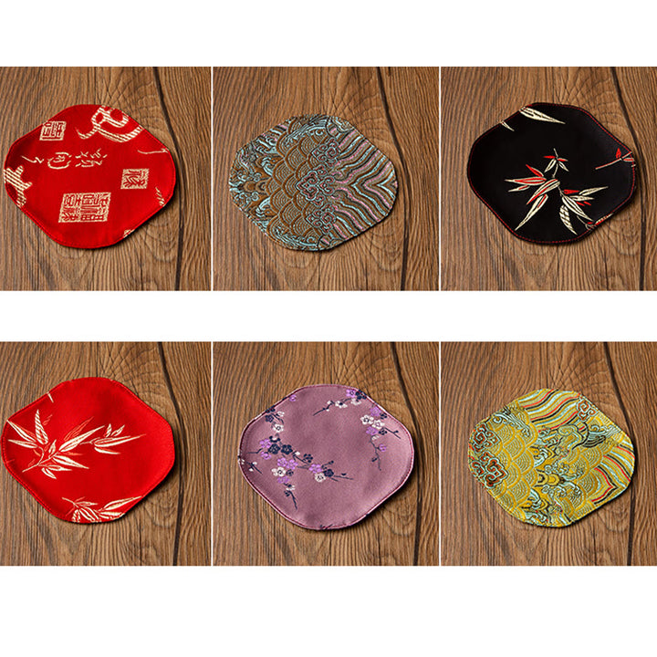 Tapete para taza con bordado de brocado de flor de ciruelo de bambú, posavasos para taza de té, Buddha Stones, ola de mar, tapete para té Kung Fu