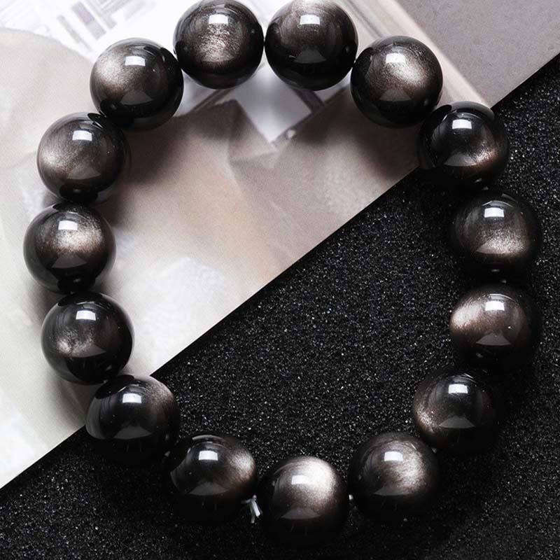 Pulsera de protección calmante de obsidiana brillante de plata natural con Buddha Stones