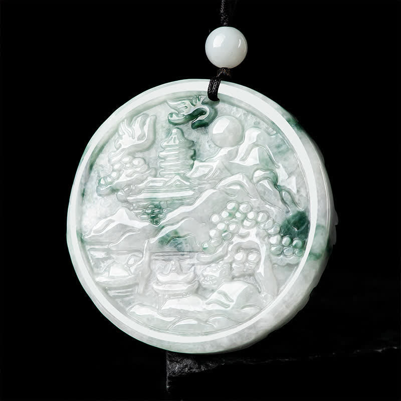 Collar de cadena de abundancia de jade con paisaje de montaña de Buddha Stones