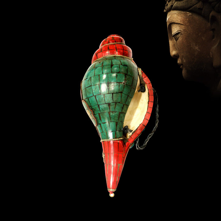 Concha tibetana hecha a mano Shankha Om Mani Padme Hum Buda, decoración de la suerte