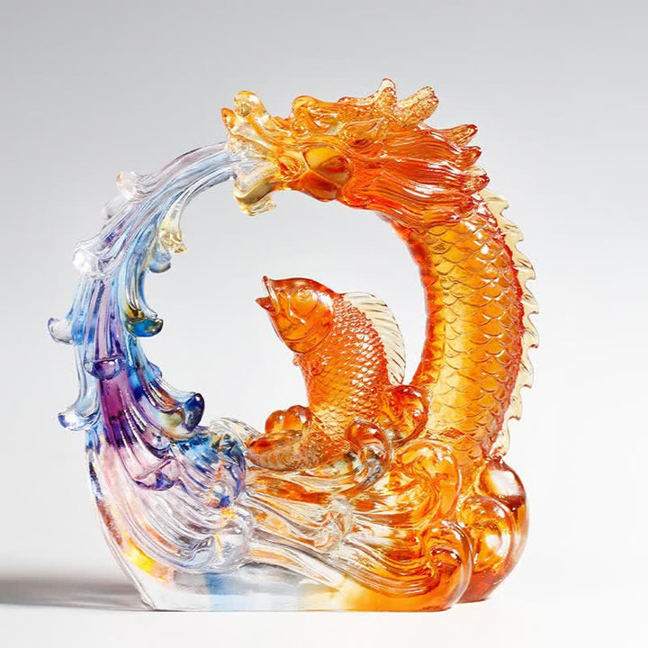 Buddha Stones Feng Shui Dragón Koi Pez hecho a mano Liuli Crystal Art Piece Decoración de la Oficina del Hogar