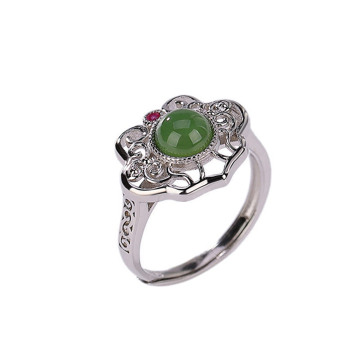 Juego de pendientes de anillo de la suerte con diseño hueco de jade cian hetiano natural de plata de ley 925 con Buddha Stones