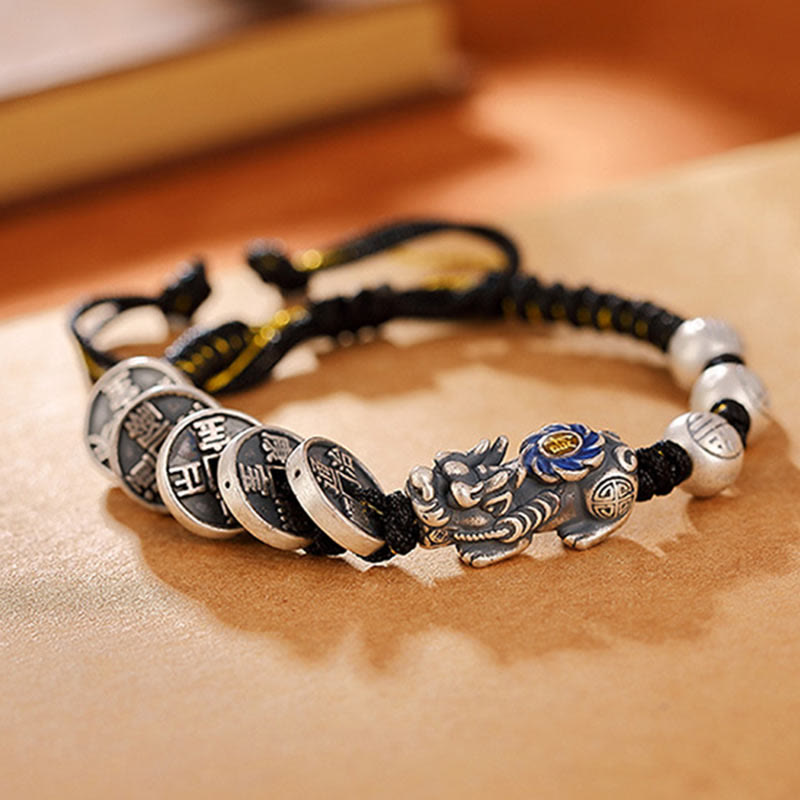 Pulsera trenzada de plata de ley 999 con Buddha Stones FengShui PiXiu, moneda de cobre, personaje Fu, riqueza