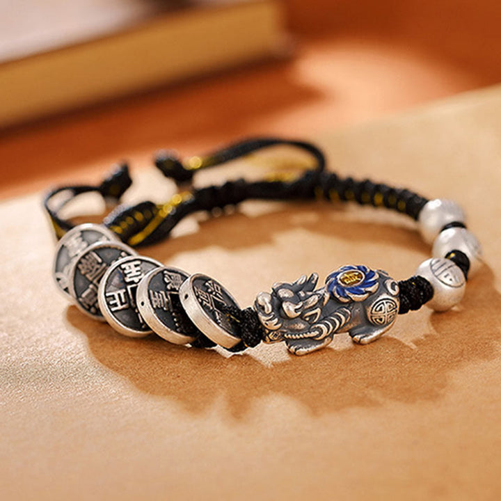 Pulsera trenzada de plata de ley 999 con Buddha Stones FengShui PiXiu, moneda de cobre, personaje Fu, riqueza