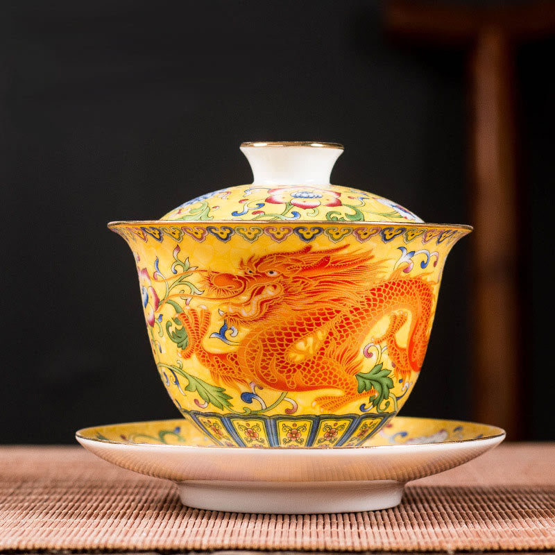 Taza de té de cerámica con diseño de flor de Fénix y dragón, Buddha Stones , Gaiwan Sancai, taza de té de Kung Fu y platillo con tapa