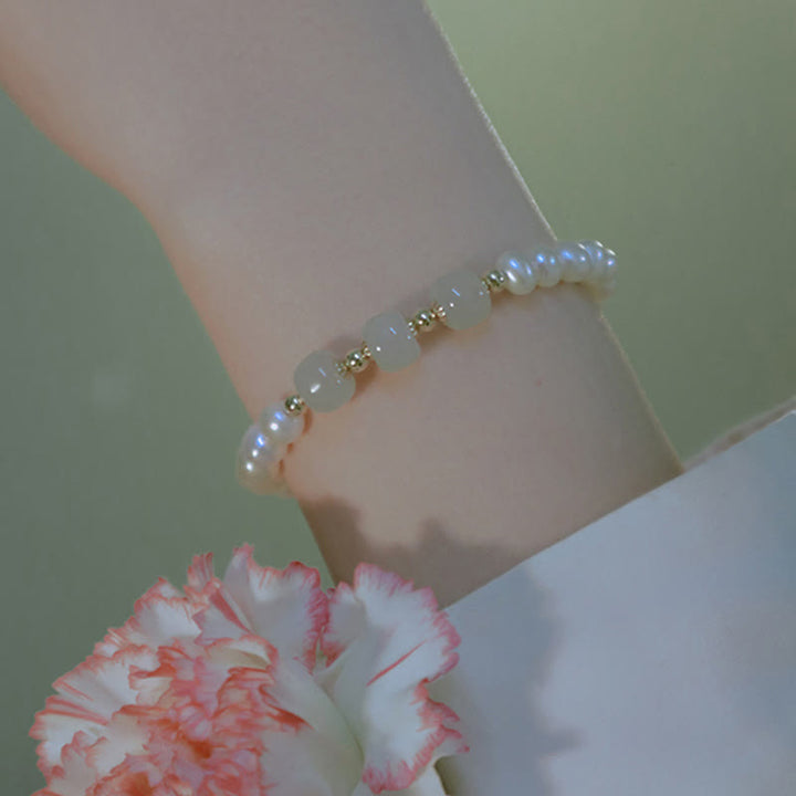Pulsera de cadena de cuentas de sinceridad de jade blanco de jade cian hetiano de perlas naturales chapadas en oro de 14 quilates