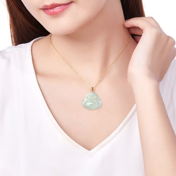 Colgante de collar de abundancia de oro de 18 quilates con jade natural de Buda sonriente - image 3