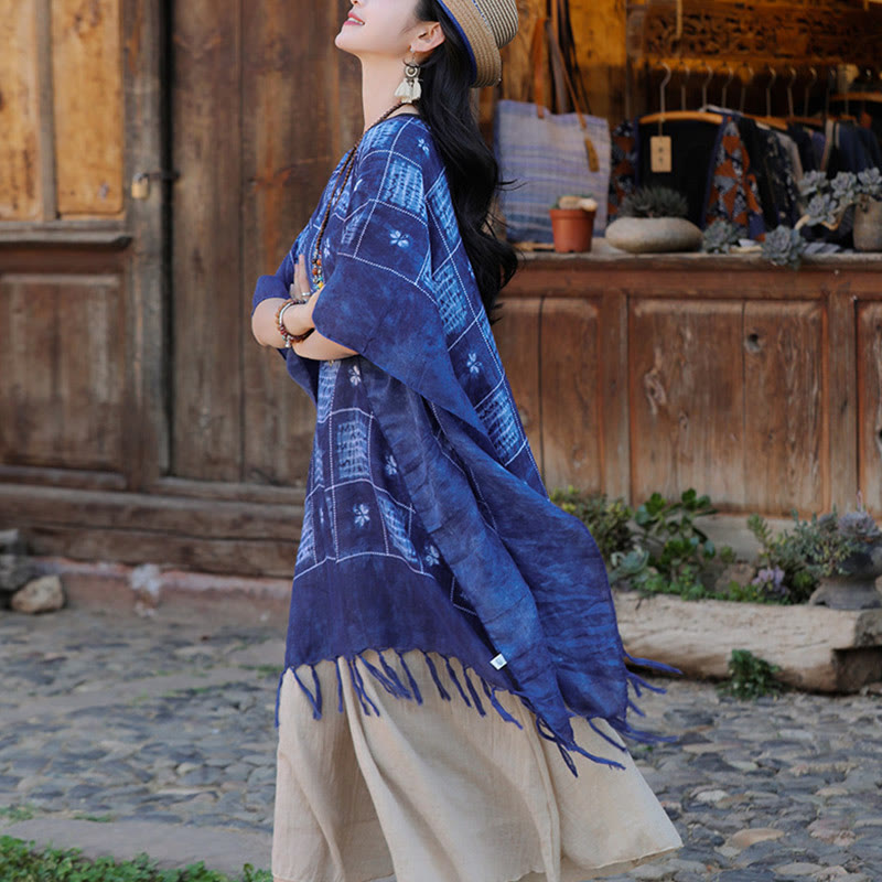 Jersey suave con borlas y chal a cuadros con bloques de Color azul de Buddha Stones 90*95cm